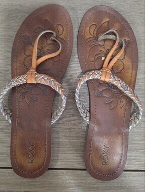 Roxy Brown Leather Braided Thong Sandals